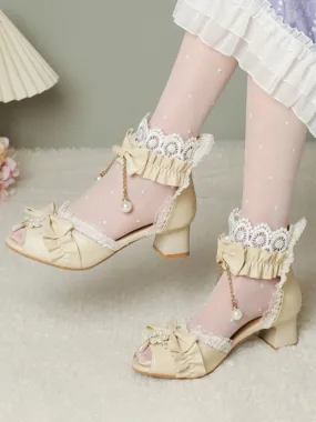 ROCOCO Style Lolita Sandals Ecru White Bows Pearls PU Leather Peep Toe Lolita Summer Shoes